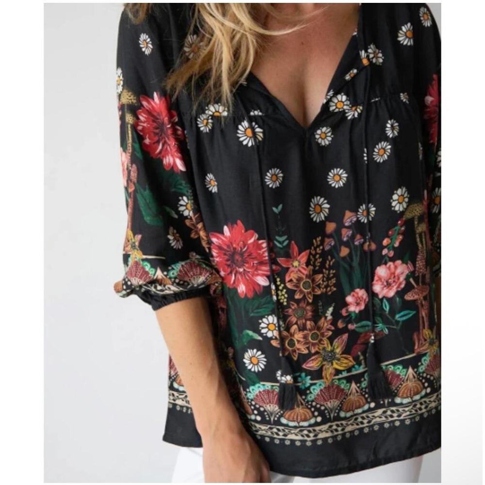 Natural Life Maribel Floral Mushroom Tie Tassel Tunic Blouse Black Medium